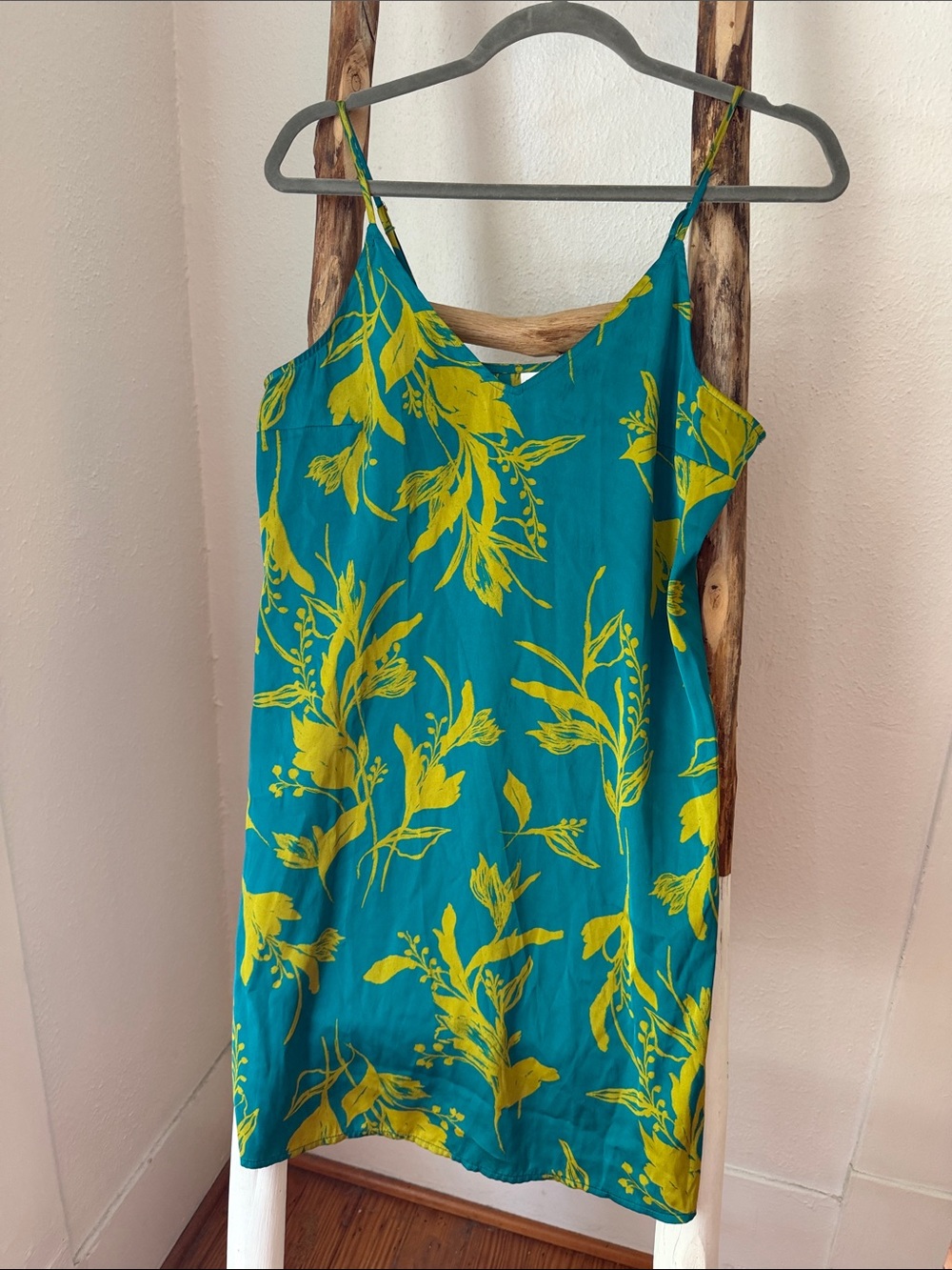 stars above Teal Short Slip Satin Dress Nightie Chartreuse Floral Print XS S